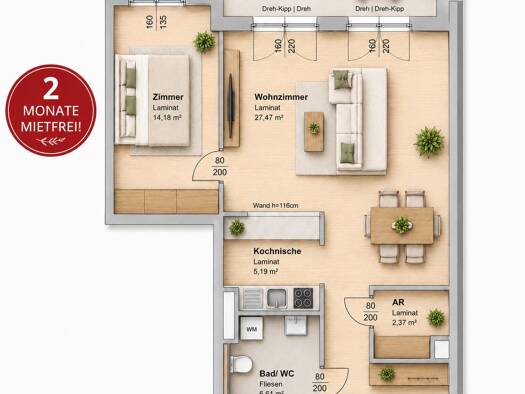 Wohnung zur Miete 475 € 2 Zimmer 73,8 m² Gries Graz 8020