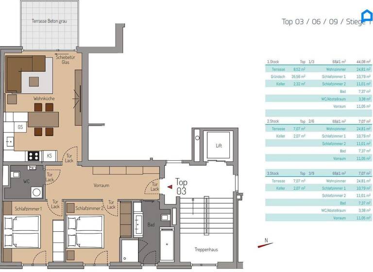 Wohnung zur Miete - Erstbezug 1.213 € 3 Zimmer 67,9 m² 2. Geschoss Wien 1170