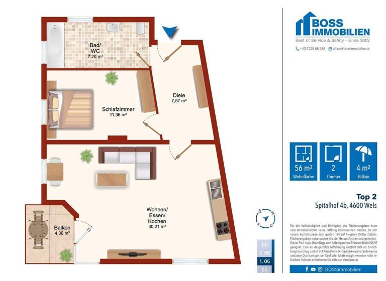 Wohnung zur Miete 454 € 2 Zimmer 56,3 m² 1. Geschoss frei ab 01.06.2026 Spitalhof 4b Bernardin Wels 4600