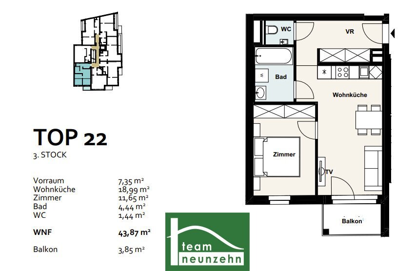 Wohnung zum Kauf 316.697 € 2 Zimmer 43,9 m²<br/>Wohnfläche 3.<br/>Geschoss Baumergasse 2a Wien 1210