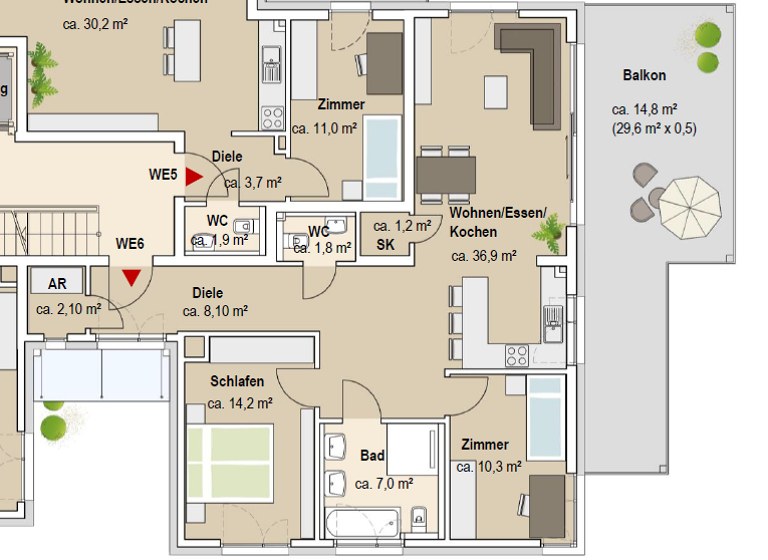 Terrassenwohnung zur Miete - Erstbezug 2.200 € 3 Zimmer 96,4 m² 1. Geschoss Laufamholz Nürnberg 90482