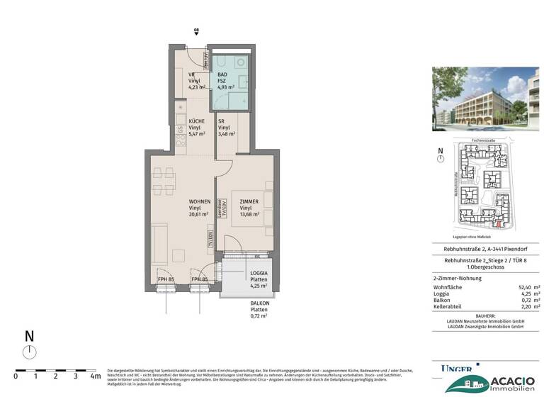 Wohnung zur Miete - Erstbezug 554 € 2 Zimmer 52,4 m² 1. Geschoss Pixendorf 3451