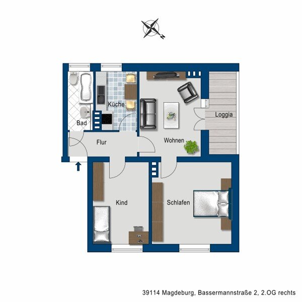 Wohnung zur Miete 432 € 3 Zimmer 65,5 m²<br/>Wohnfläche 2.<br/>Geschoss 14.01.2025<br/>Verfügbarkeit Bassermannstr. 2 Siedlung Cracau Magdeburg 39114