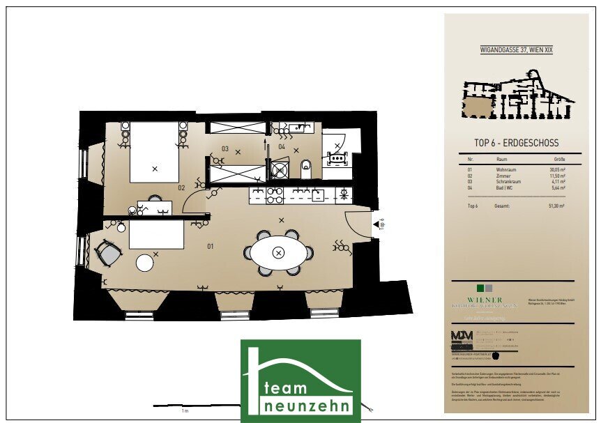 Wohnung zum Kauf 350.000 € 2 Zimmer 51,3 m²<br/>Wohnfläche EG<br/>Geschoss Wigandgasse 37 Wien 1190