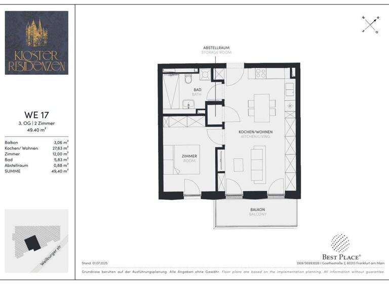 Wohnung zum Kauf - Erstbezug provisionsfrei 269.000 € 2 Zimmer 49,4 m² 3. Geschoss Weilburgerstraße 5 Limburg Limburg an der Lahn 65549