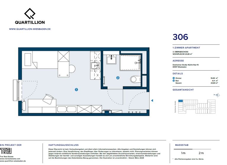 Studio zur Miete - Erstbezug 570 € 1 Zimmer 23,8 m² 3. Geschoss frei ab sofort Im Rad 15 Wiesbaden 65197