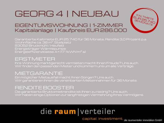 Wohnung zum Kauf - Erstbezug 286.000 € 1 Zimmer 38 m² 1. Geschoss Heufeld Bruckmühl 83052