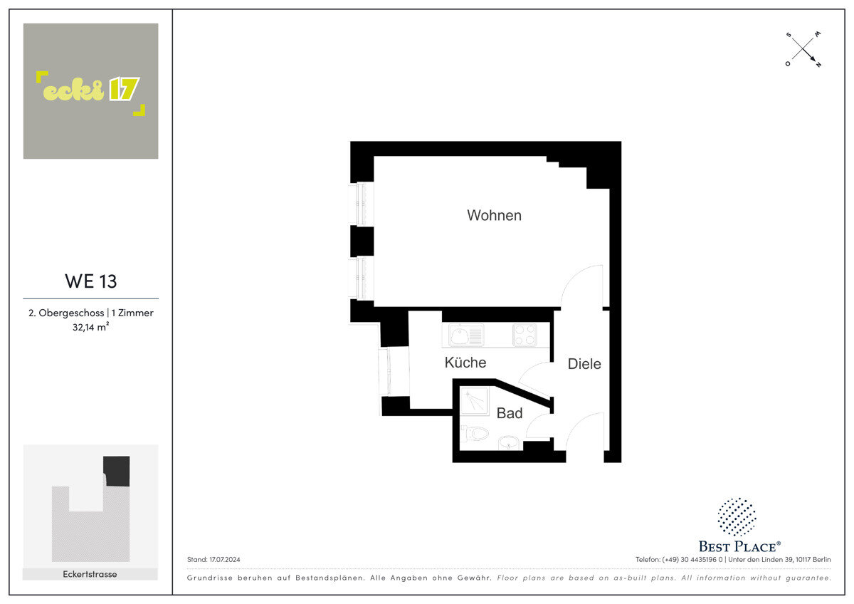 Wohnung zum Kauf provisionsfrei 178.000 € 1 Zimmer 32,1 m²<br/>Wohnfläche 2.<br/>Geschoss Eckertstraße 17 Friedrichshain Berlin 10249