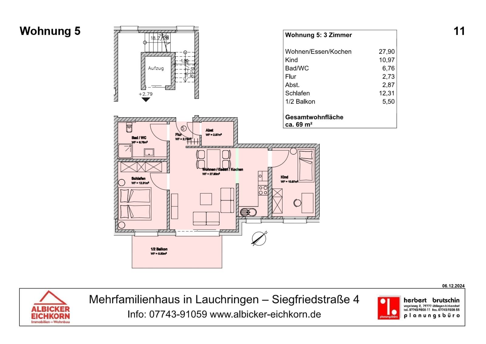 Wohnung zum Kauf provisionsfrei 310.500 € 3 Zimmer 69 m²<br/>Wohnfläche 2.<br/>Geschoss Siegfriedstr. 4 Unterlauchringen Unterlauchringen 79787