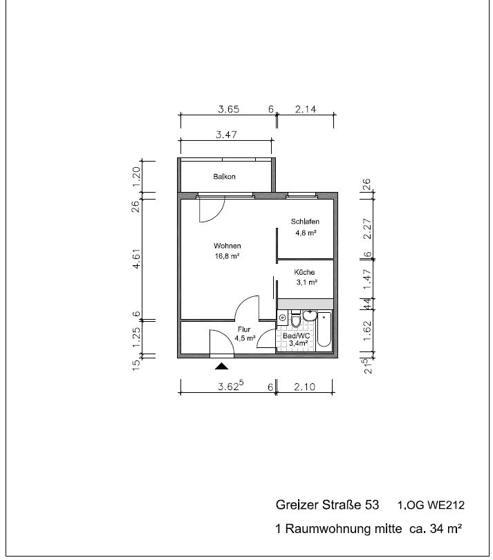 Wohnung zur Miete 315 € 1 Zimmer 33,9 m²<br/>Wohnfläche 1.<br/>Geschoss Greizer Straße 53 Südbahnhof / Reichsstraße Gera 07545