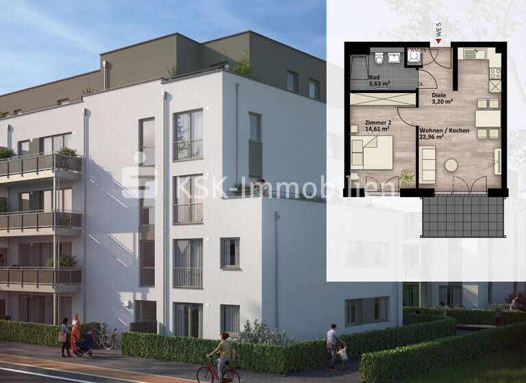 Wohnung zum Kauf 299.990 € 2 Zimmer 50,6 m²<br/>Wohnfläche 1.<br/>Geschoss Kalscheuren Hürth / Kalscheuren 50354