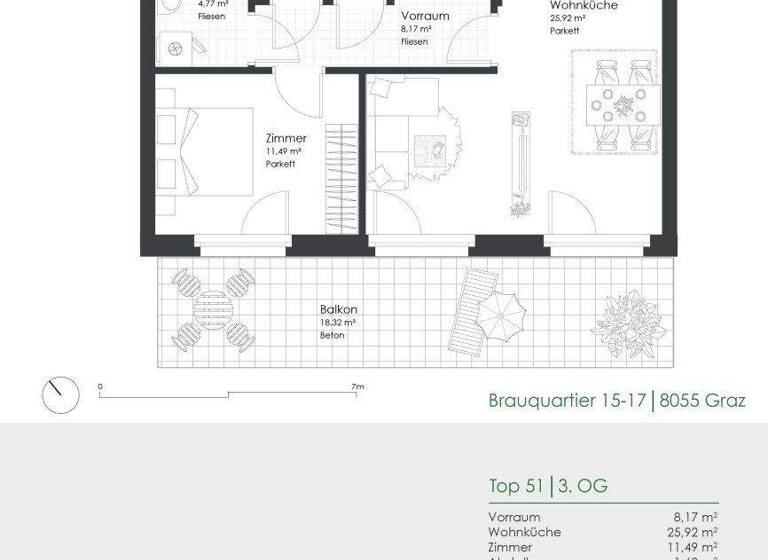 Wohnung zur Miete 630 € 2 Zimmer 53,6 m² 3. Geschoss frei ab 01.06.2026 Brauquartier 15-17 Puntigam Graz 8055