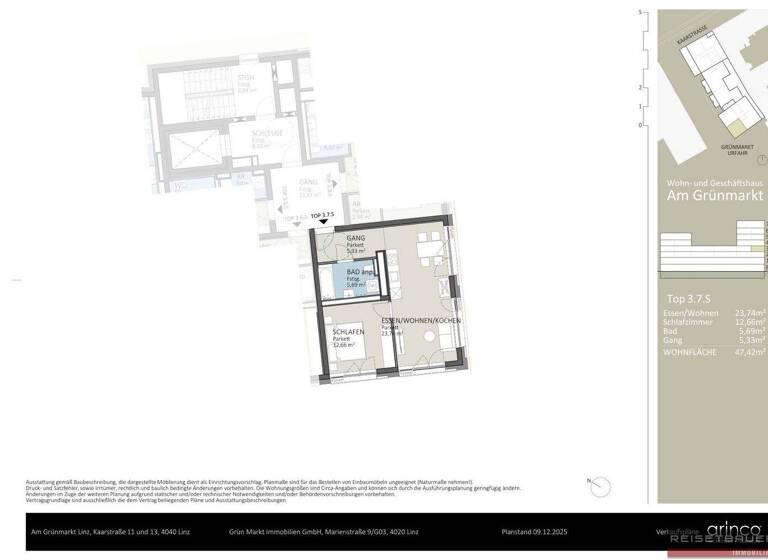Wohnung zum Kauf - Erstbezug 344.706 € 2 Zimmer 47,4 m² 3. Geschoss Kaarstraße 11 und 13 Urfahr Linz 4040
