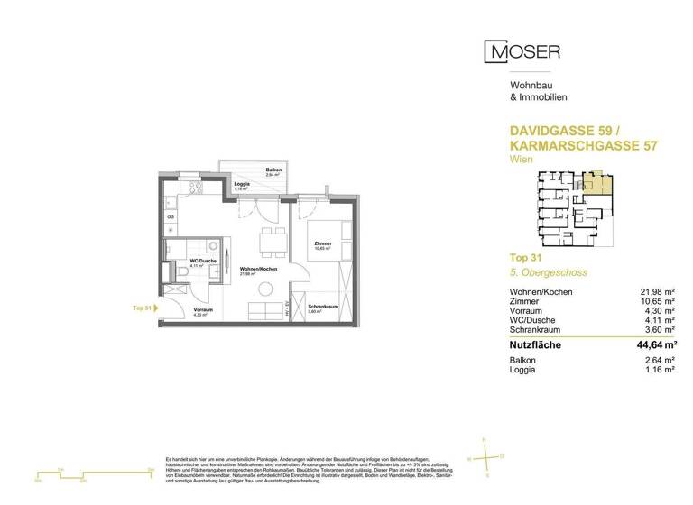 Wohnung zum Kauf - Erstbezug 296.900 € 2 Zimmer 44,6 m² 5. Geschoss Wien 1100