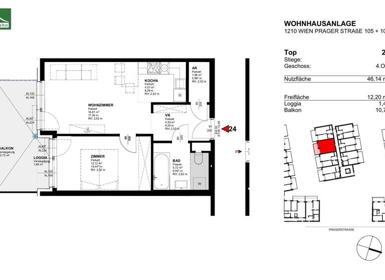 Wohnung zur Miete 660 € 2 Zimmer 46,1 m² 4. Geschoss frei ab 01.08.2026 Prager Straße 105 + 109 Wien 1210