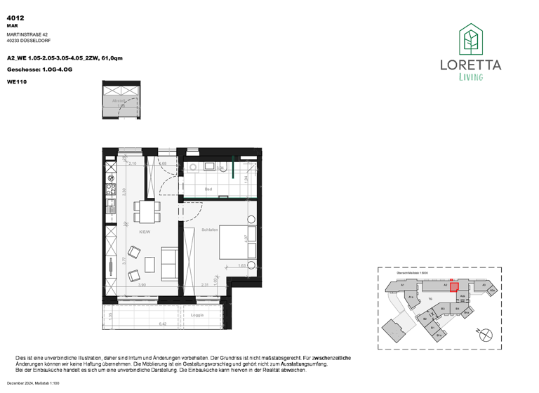 Wohnung zur Miete - Erstbezug 1.320 € 2 Zimmer 61 m² 4. Geschoss Martinstr. 42b Bilk Düsseldorf 40223