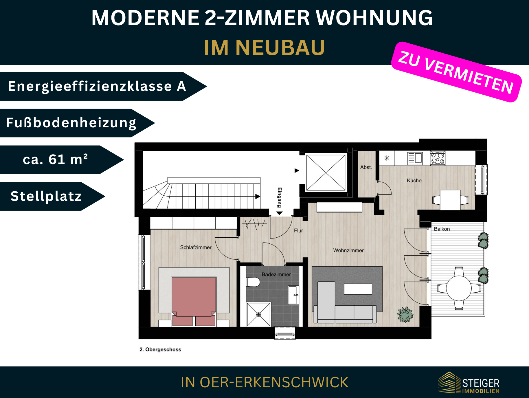 Wohnung zur Miete 610 € 2 Zimmer 61 m²<br/>Wohnfläche 2.<br/>Geschoss 01.02.2025<br/>Verfügbarkeit Klein-Erkenschwick Oer-Erkenschwick 45739