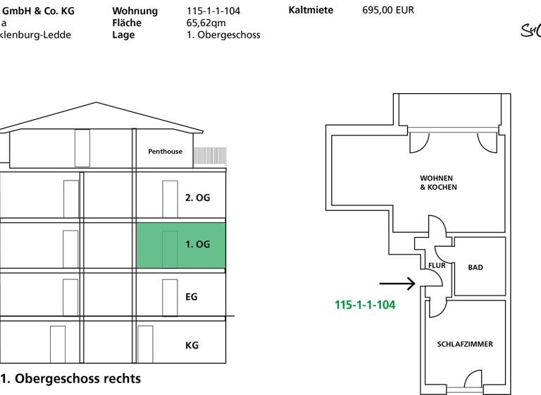 Wohnung zur Miete 595 € 2 Zimmer 65,6 m² 1. Geschoss frei ab sofort Ackerstraße 1a Ledde Tecklenburg 49545