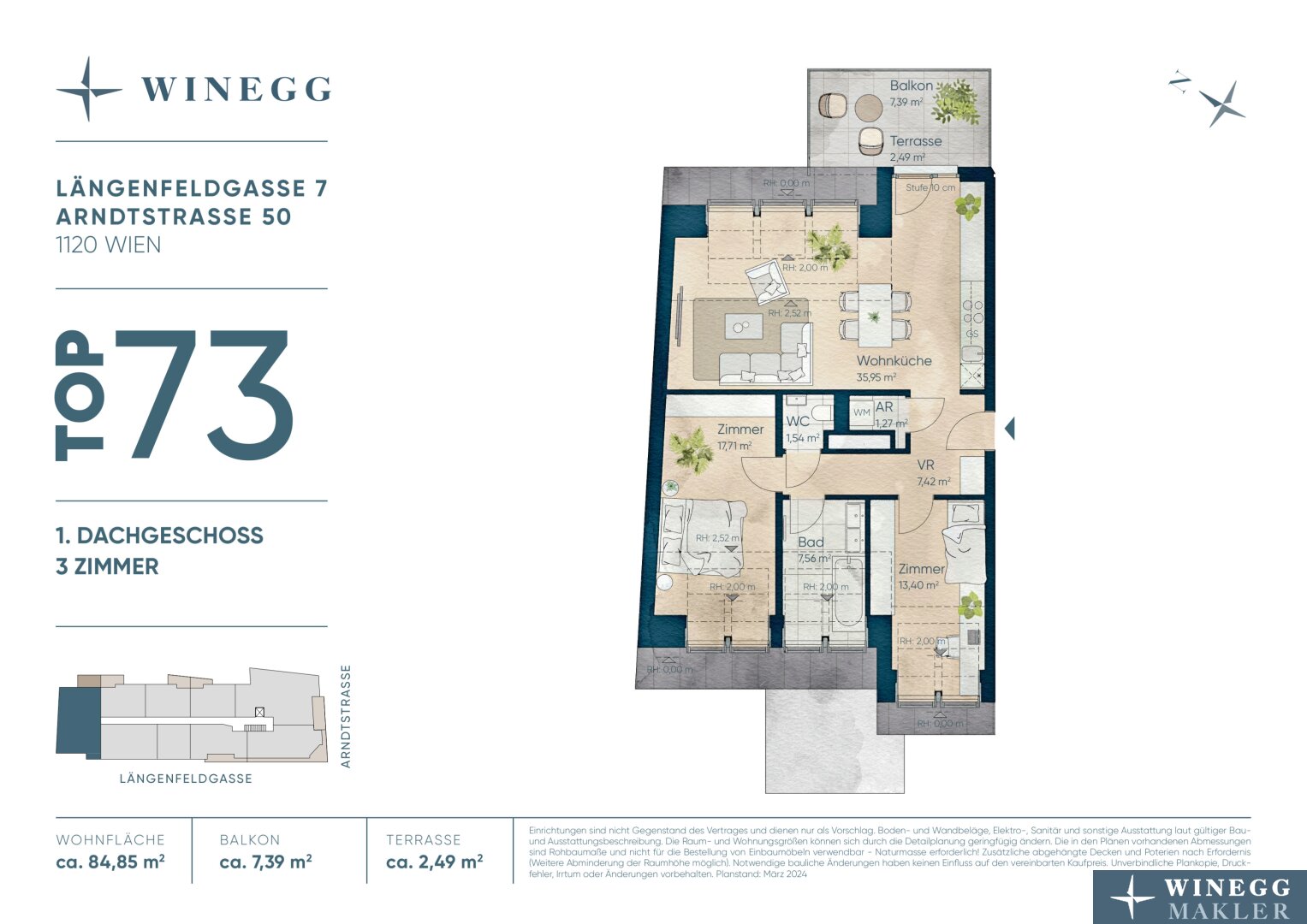 Wohnung zum Kauf provisionsfrei 675.900 € 3 Zimmer 84,9 m²<br/>Wohnfläche 6.<br/>Geschoss Arndtstraße 50 Wien 1120