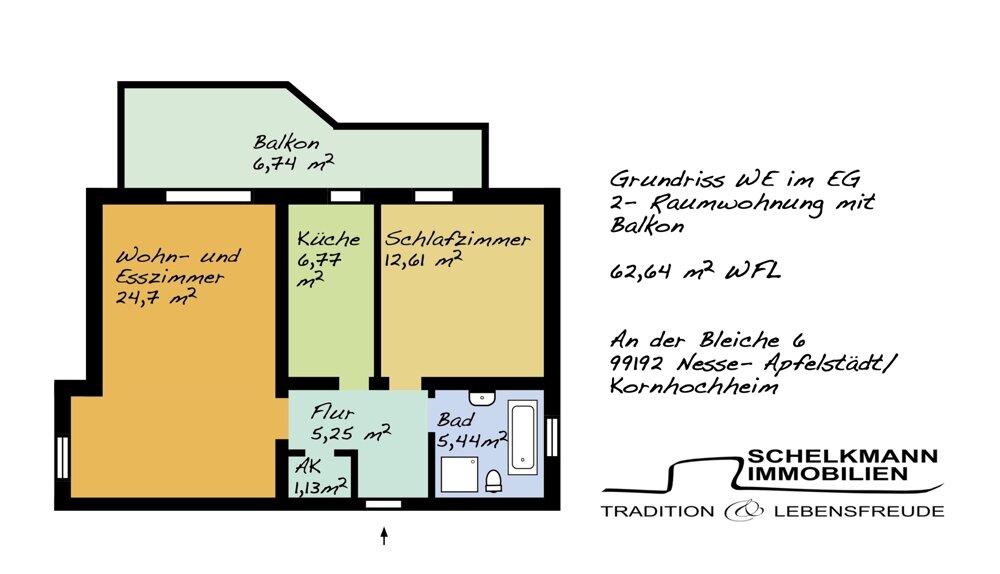 Wohnung zur Miete 510 € 2 Zimmer 62,6 m²<br/>Wohnfläche EG<br/>Geschoss An der Bleiche 6 Kornhochheim Nesse- Apfelstädt/ Kornhochheim 99192