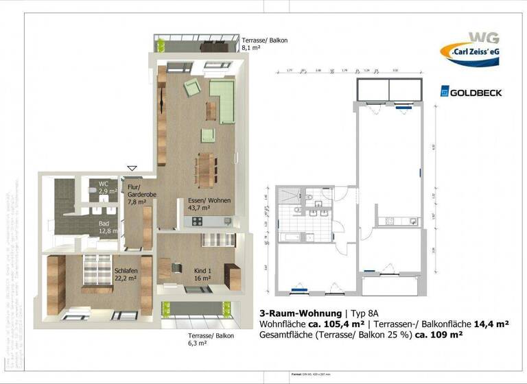Wohnung zur Miete 1.417 € 3 Zimmer 109 m² 3. Geschoss Erlenhöfe 2 Wenigenjena Jena 07749