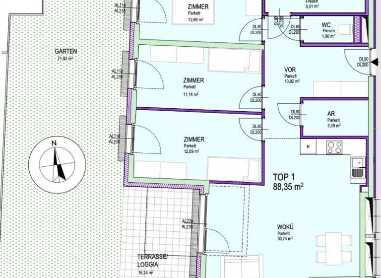 WG-Zimmer zum Kauf - Erstbezug 525.000 € 4 Zimmer 88,4 m² EG Steinachgasse Wien 1220