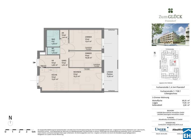 Wohnung zur Miete - Erstbezug 834 € 3 Zimmer 69,4 m² 1. Geschoss Fuchsenstraße Pixendorf 3451