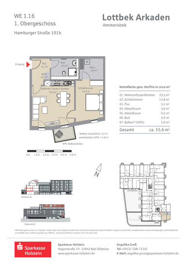 Wohnung zur Miete 862 € 2 Zimmer 55,6 m² Hamburger Straße 101 Lottbek Ammersbek 22949