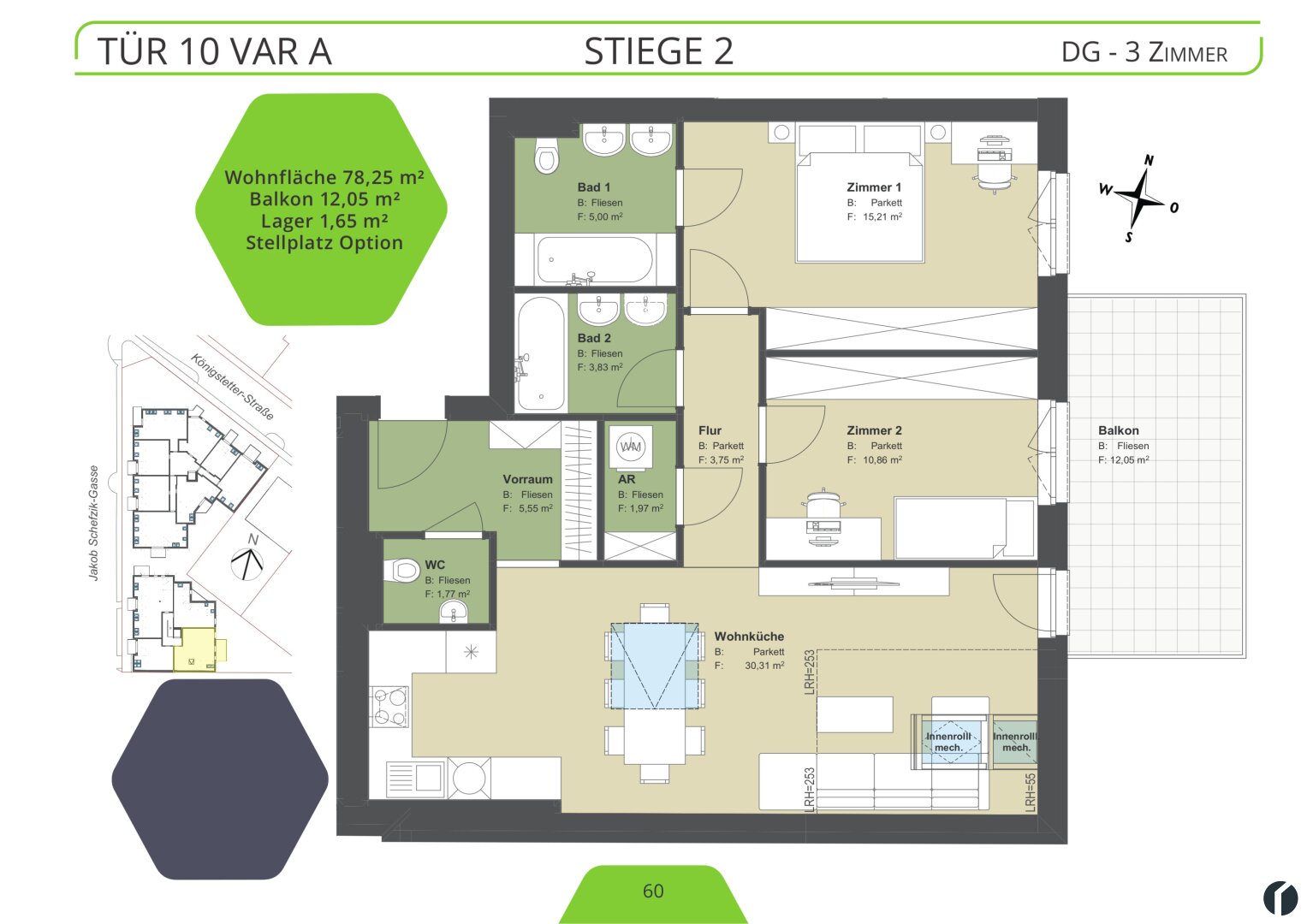 Wohnung zum Kauf 461.300 € 3 Zimmer 78,3 m²<br/>Wohnfläche 2.<br/>Geschoss Königstetter Straße 66 - 68 Tulln an der Donau 3430