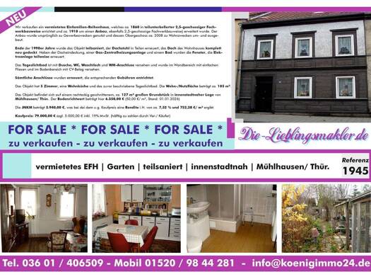 Einfamilienhaus zum Kauf 79.000 € 5 Zimmer 105 m² 127 m² Grundstück frei ab sofort Mühlhausen Mühlhausen/Thüringen 99974