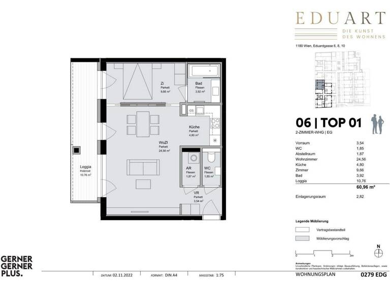 Wohnung zur Miete 1.098 € 2 Zimmer 50,2 m² EG frei ab sofort Wien 1180