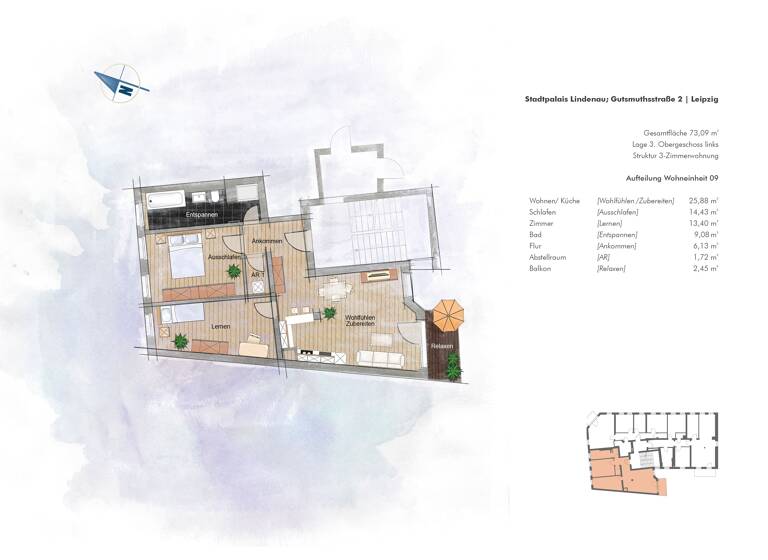 Wohnung zum Kauf 259.000 € 3 Zimmer 73,1 m²<br/>Wohnfläche 3.<br/>Geschoss Gutsmuthsstr. 2 Lindenau Leipzig 04177