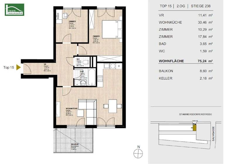 Wohnung zur Miete 1.023 € 3 Zimmer 75,2 m² 2. Geschoss frei ab 01.06.2026 Stammersdorfer Straße 238 Wien 1210