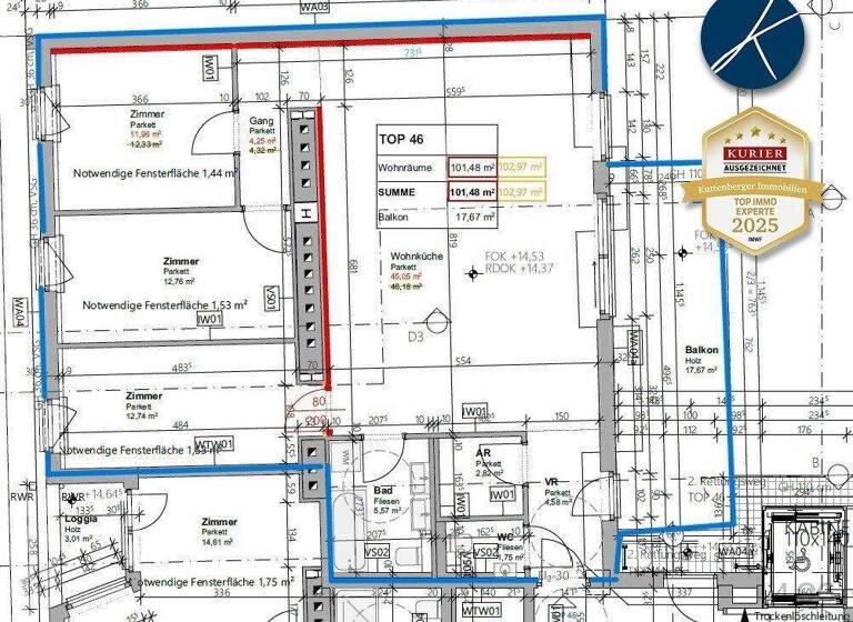 Terrassenwohnung zur Miete - Erstbezug 1.733 € 4 Zimmer 101,5 m² 4. Geschoss Wien 1100