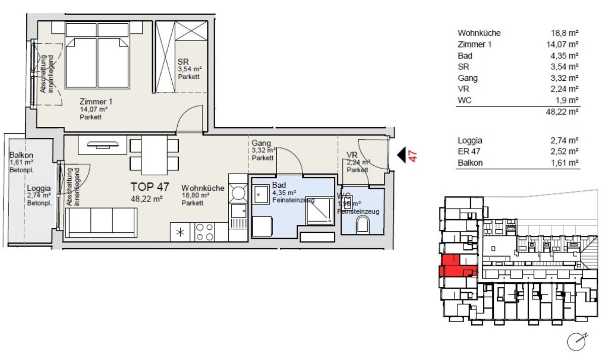 Wohnung zur Miete 690 € 2 Zimmer 48,3 m²<br/>Wohnfläche 3.<br/>Geschoss Wien 1220