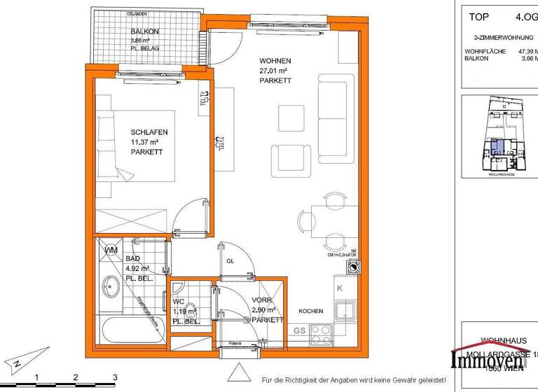 Wohnung zur Miete 889 € 2 Zimmer 4. Geschoss frei ab 01.05.2026 Mollardgasse Wien 1060