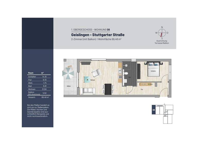Studio zur Miete 845 € 2 Zimmer 69,8 m² 1. Geschoss frei ab 01.04.2026 Stuttgarter Straße 45 Geislingen Geislingen an der Steige 73312