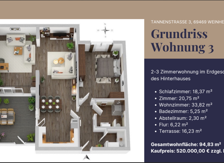 Wohnung zum Kauf provisionsfrei 520.000 € 3 Zimmer 95 m² 1. Geschoss Weinheim 69469