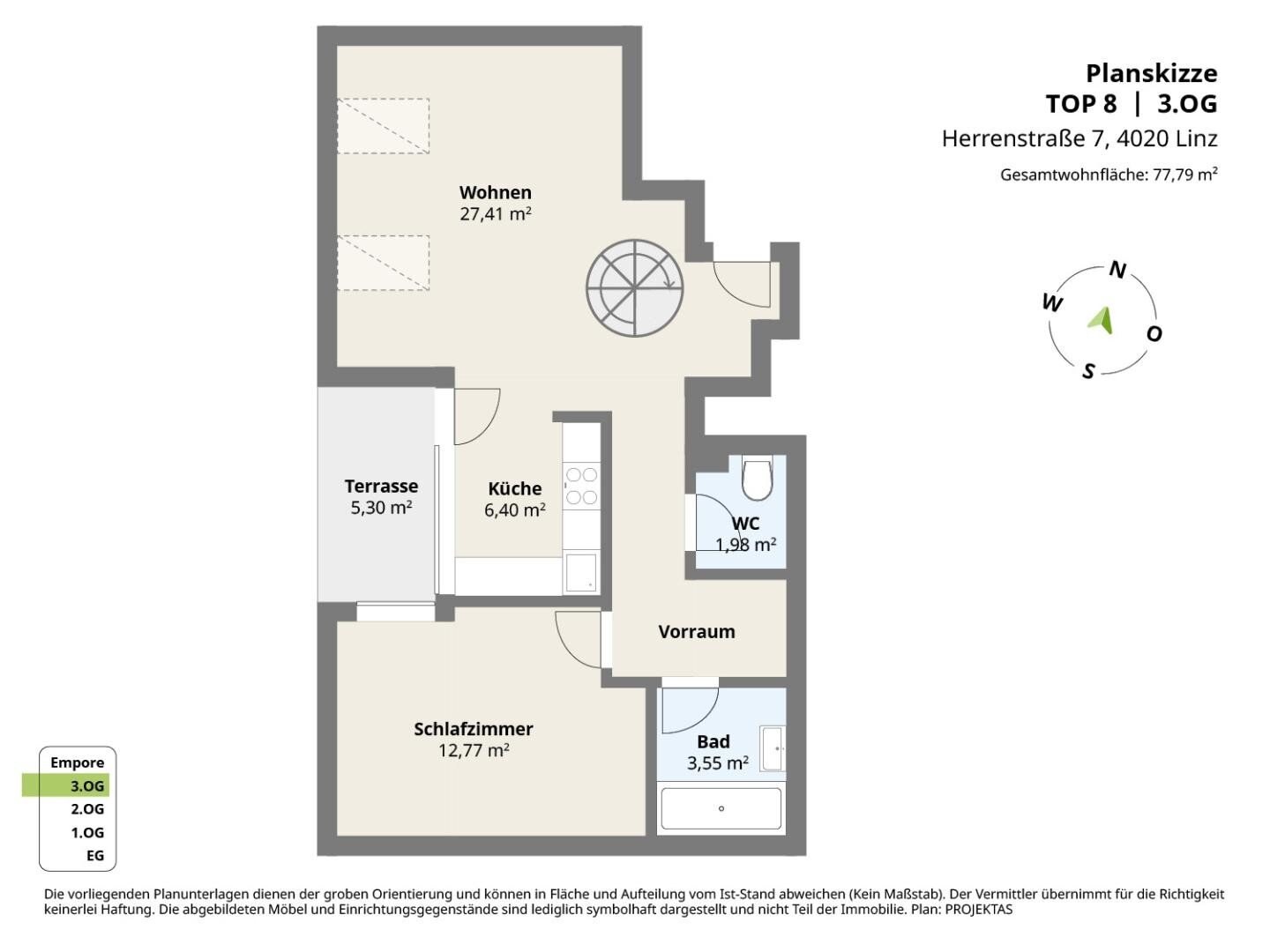 Wohnung zur Miete 778 € 3 Zimmer 77,8 m²<br/>Wohnfläche 3.<br/>Geschoss 01.02.2025<br/>Verfügbarkeit Herrenstraße 7 Linz Linz 4020