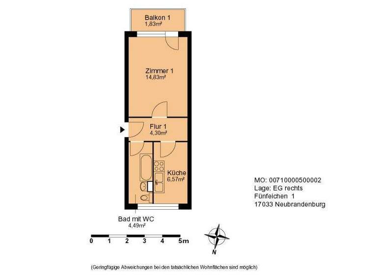 Wohnung zur Miete 264 € 1 Zimmer 33,8 m² EG Fünfeichen 1 Südstadt Neubrandenburg 17033