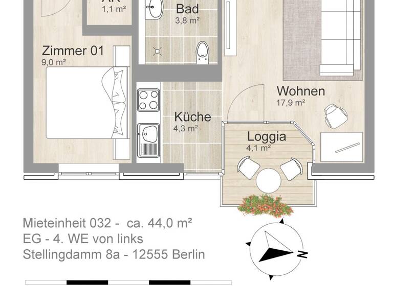 Wohnung zur Miete 573 € 1,5 Zimmer 44 m²<br/>Wohnfläche EG<br/>Geschoss Stellingdamm 8a Köpenick Berlin 12555