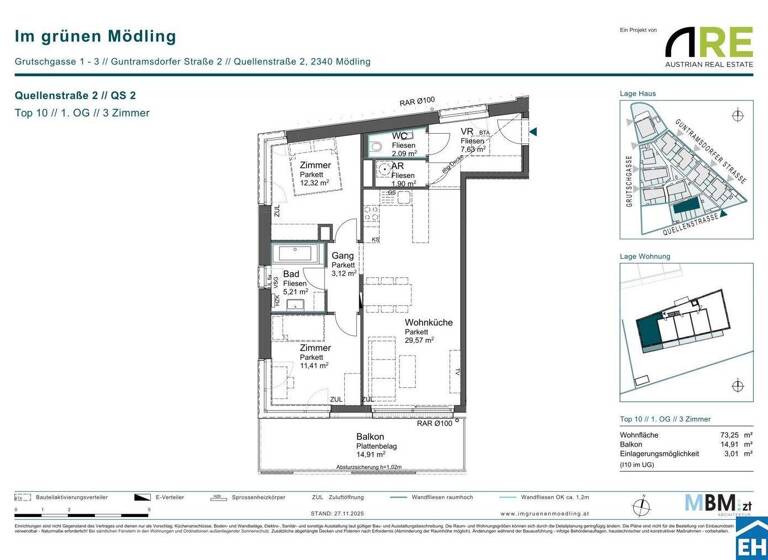 Wohnung zum Kauf - Erstbezug provisionsfrei 438.325 € 3 Zimmer 73,3 m² 1. Geschoss Quellenstraße 2 Mödling 2340