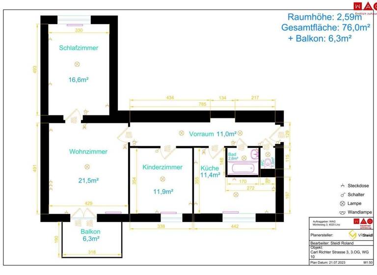 Wohnung zur Miete 556 € 3 Zimmer 78 m² 3. Geschoss Carl-Richter-Straße 3 Wels 4600