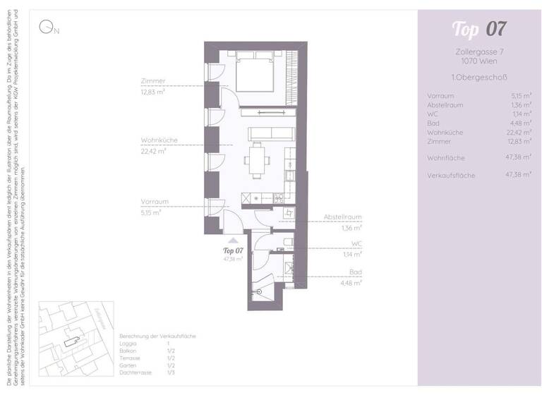 Wohnung zum Kauf 499.000 € 2 Zimmer 47,4 m² 1. Geschoss Zollergasse 7 Wien 1070