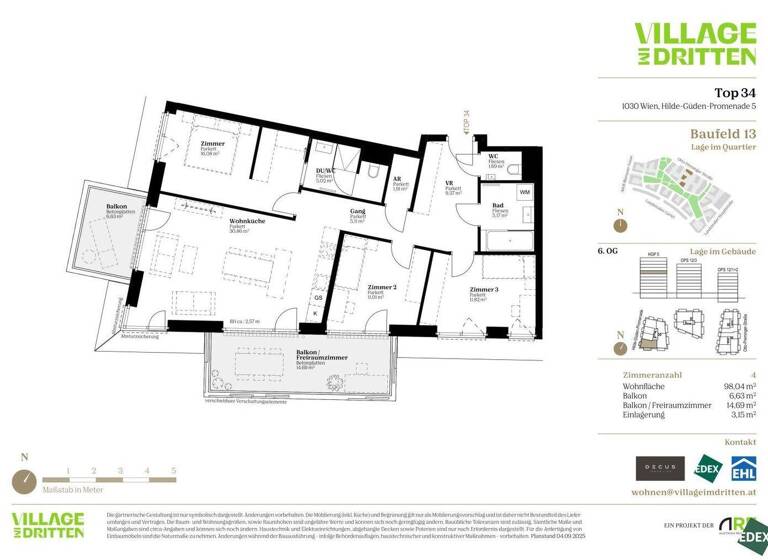 Terrassenwohnung zum Kauf - Erstbezug 786.000 € 4 Zimmer 98 m² 6. Geschoss Otto-Preminger-Straße Wien 1030