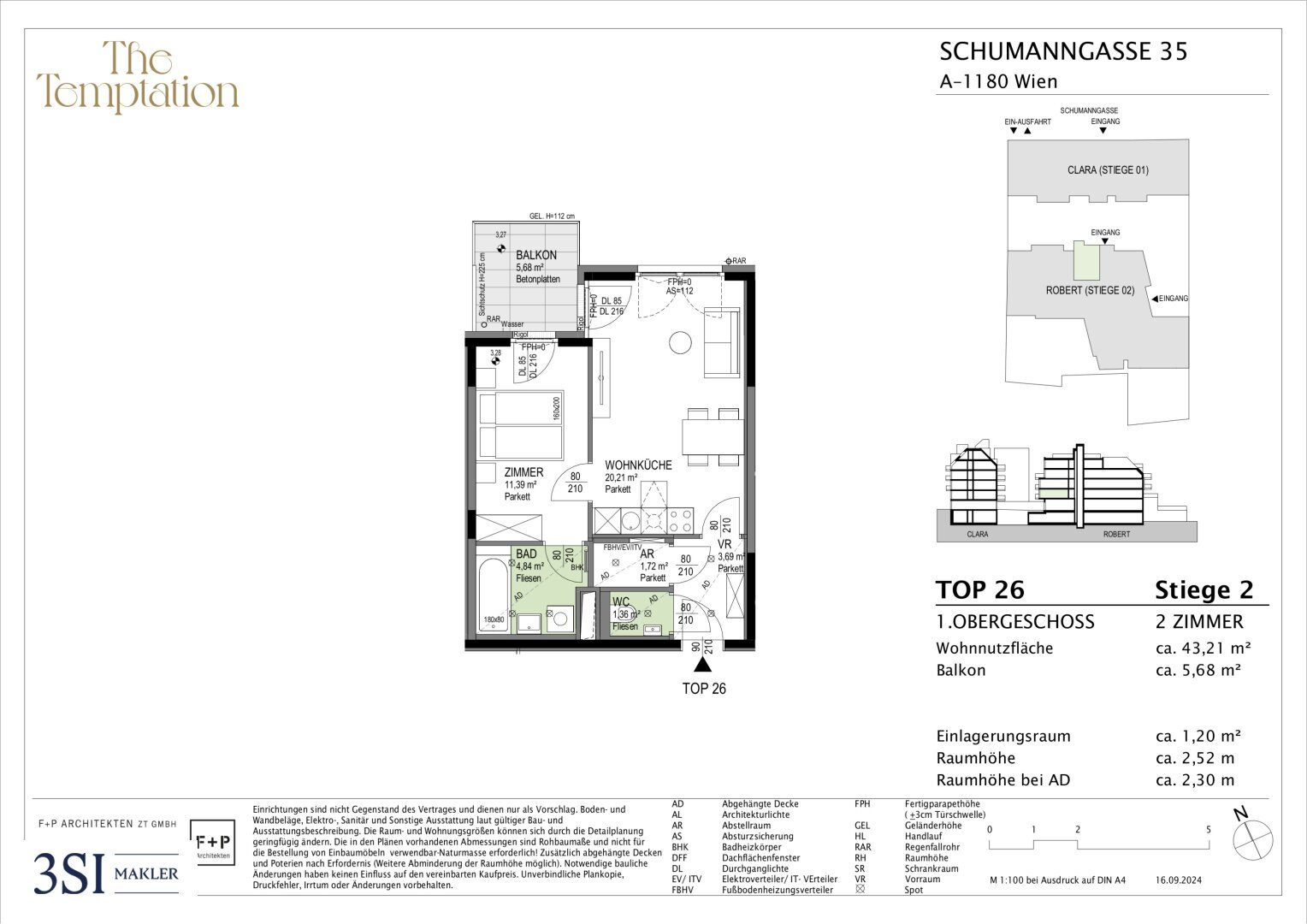 Wohnung zum Kauf 319.700 € 2 Zimmer 43,2 m²<br/>Wohnfläche 1.<br/>Geschoss Schumanngasse 35 Wien 1180