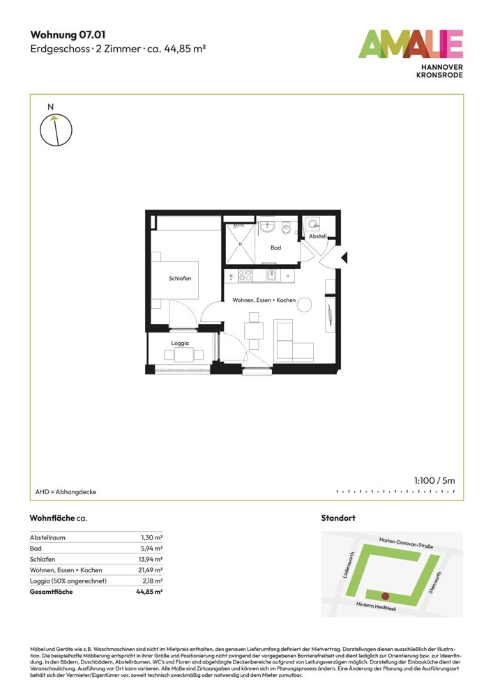 Wohnung zur Miete 675 € 2 Zimmer 44,9 m²<br/>Wohnfläche EG<br/>Geschoss Bemerode Hannover 30539