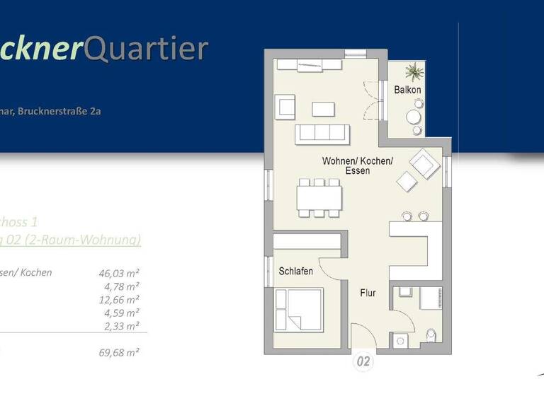 Wohnung zur Miete - Erstbezug 1.178 € 2 Zimmer 69,7 m² 4 Geschosse frei ab 01.04.2026 Brucknerstraße 2a Westvorstadt Weimar 99423