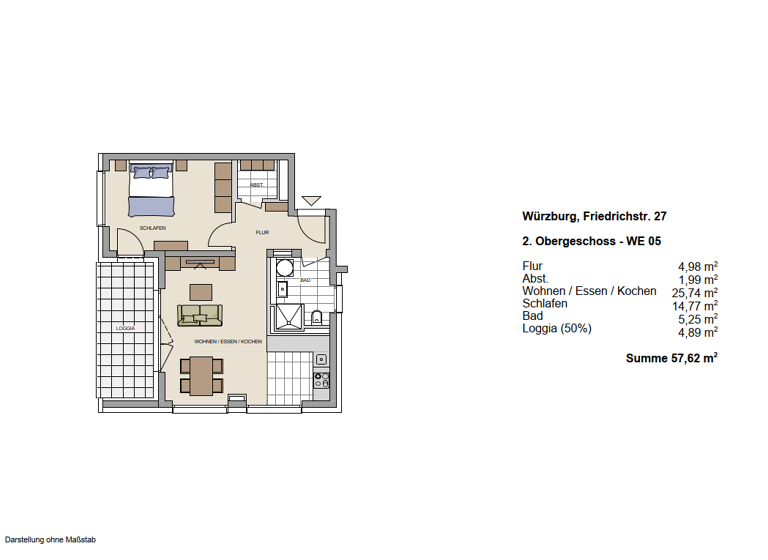 Wohnung zur Miete 1.100 € 2 Zimmer 57,6 m² 2. Geschoss frei ab sofort Friedrichstraße 27 Zellerau Würzburg 97082