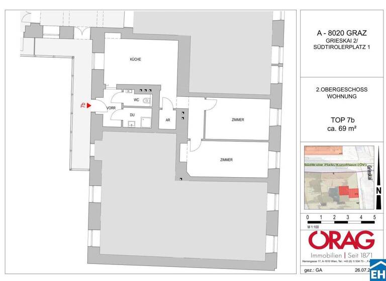 Wohnung zur Miete 661 € 2 Zimmer 69,4 m² 2. Geschoss frei ab sofort Grieskai Gries Graz 8020
